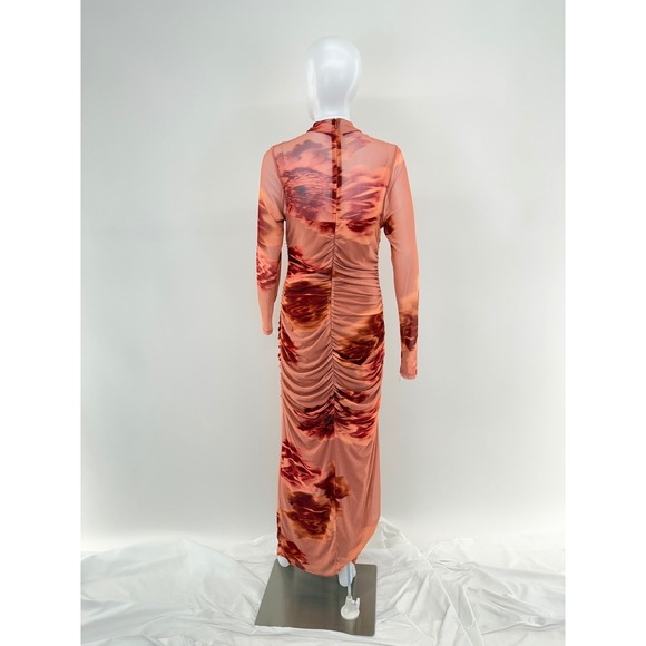 BLACK HALO Ruched Mesh Maxi Dress Sunset Cloud Print Mock Neck Slit Size 12 - Picture 8 of 9